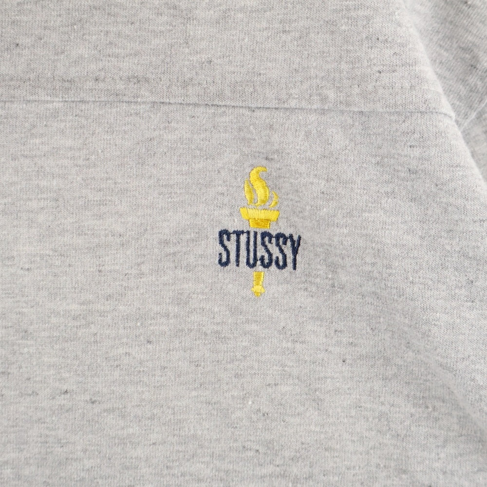 STUSSY(ステューシー) 90s OLD STUSSY オールドステューシー 紺タグ 聖火ロゴ フロント刺繍 クルーネック ラグランスリーブ リンガー 半袖Tシャツ カットソー グレー