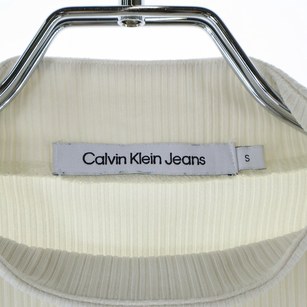 Calvin Klein Jeans(カルバンクラインジーンズ) ハイネック ロゴ刺繍 リブクロップドシャツ ホワイト