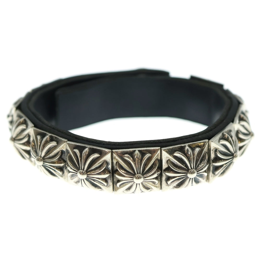 CHROME HEARTS(クロムハーツ) ZERO STUD SNGL ROW ゼロ ピラミッド スタッズ シングル レザー ブレスレット シルバー/ブラック