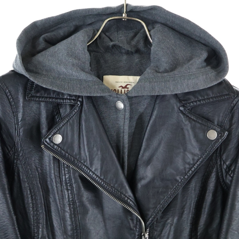 HOLLISTER(ホリスター) フェイクレザー コットン 切り返し フーデッド ジャケット ブルゾン ブラック レディース