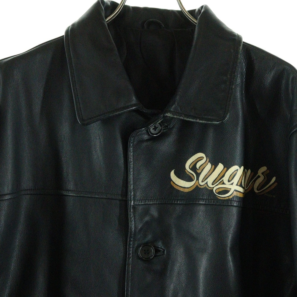 NO BRAND(ノーブランド) Sugar 胸プリント レザー カバーオール ブラック