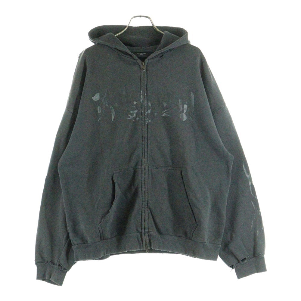 BALENCIAGA(バレンシアガ) 24AW Regular Zip Up Hoodie ロゴプリント ダメージ加工 ジップアップ スウェットパーカー フーディー チャコール 803264 TRVA4