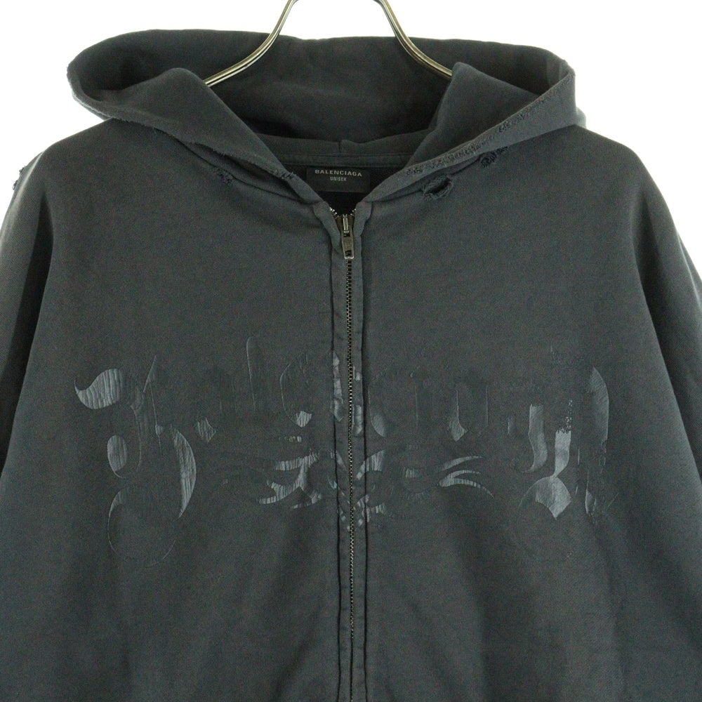 BALENCIAGA(バレンシアガ) 24AW Regular Zip Up Hoodie ロゴプリント ダメージ加工 ジップアップ スウェットパーカー フーディー チャコール 803264 TRVA4