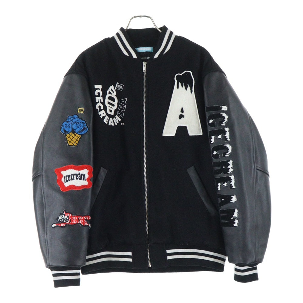 ICE CREAM(アイスクリーム) × WIND AND SEA VARSITY JACKET パッチ刺繍 スタジャン レザー切り替え ジャケット ブラック ICJP215SX004