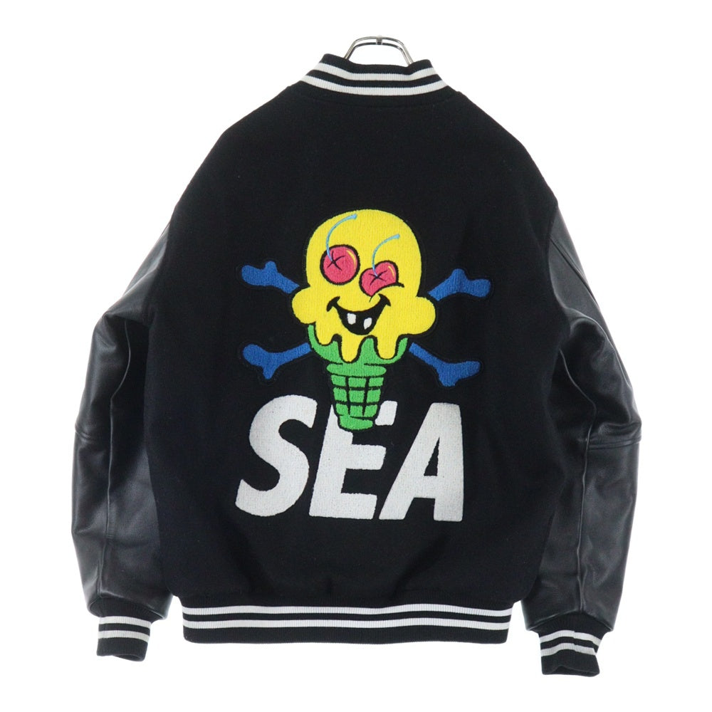 ICE CREAM(アイスクリーム) × WIND AND SEA VARSITY JACKET パッチ刺繍 スタジャン レザー切り替え ジャケット ブラック ICJP215SX004