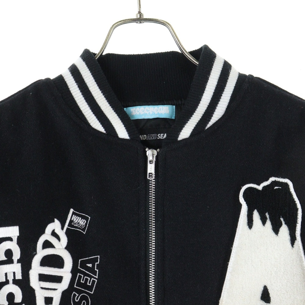 ICE CREAM(アイスクリーム) × WIND AND SEA VARSITY JACKET パッチ刺繍 スタジャン レザー切り替え ジャケット ブラック ICJP215SX004
