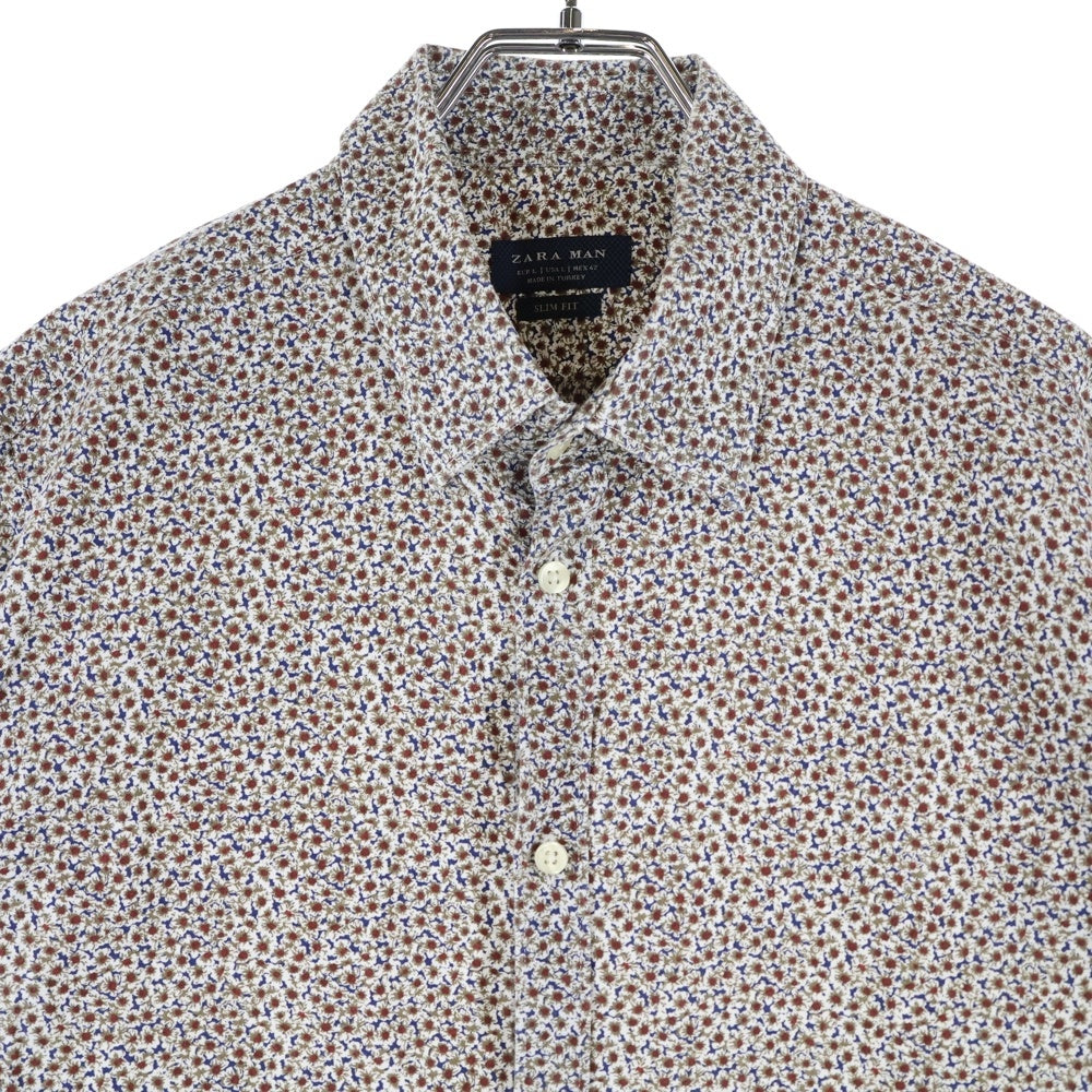 ZARA MAN(ザラマン) フラワー 総柄 コットン 長袖シャツ ブラウン