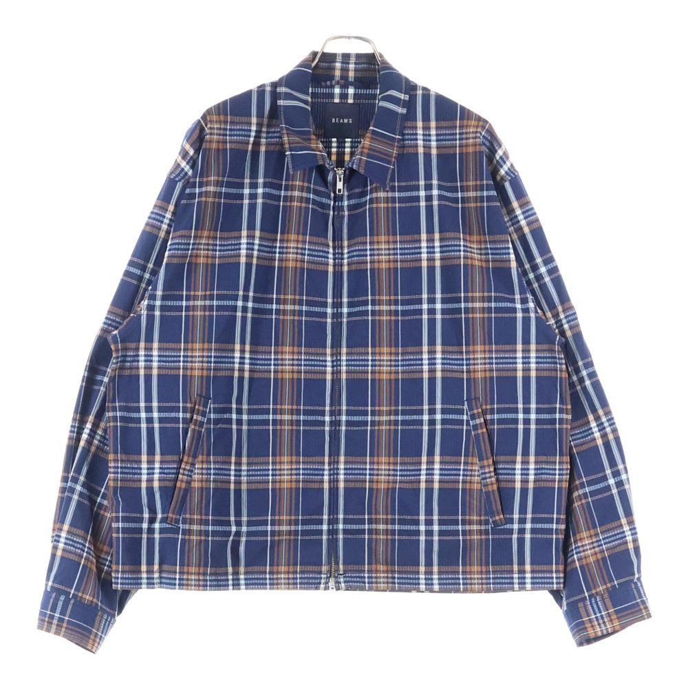 BEAMS(ビームス) シアサッカーチェックジップアップブルゾジャケット 長袖シャツ ネイビー 11-18-5258-457