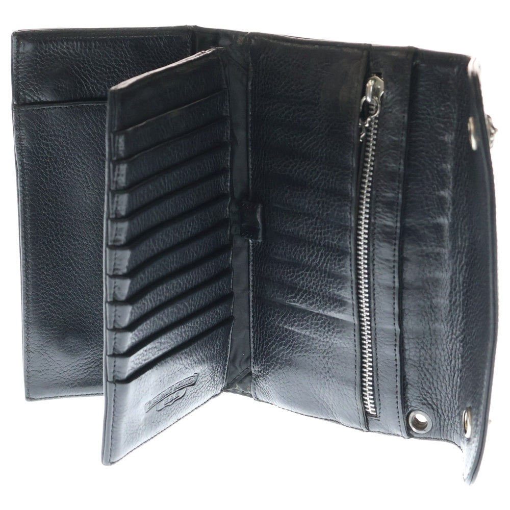 クロムハーツ　ウォレット　WAVE クロムハーツウェーブウォレットクロスボタンブラックデストロイレザー