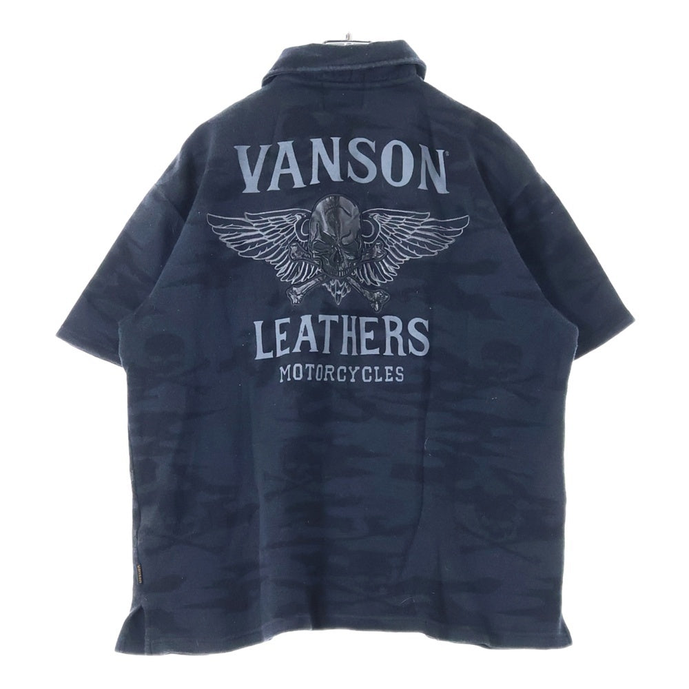 VANSON(バンソン) スカル刺繍 カモ柄 2ポケット 半袖ポロシャツ ブラック