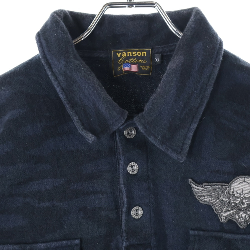 VANSON(バンソン) スカル刺繍 カモ柄 2ポケット 半袖ポロシャツ ブラック