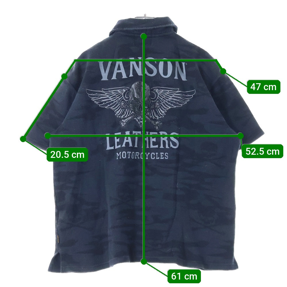 VANSON(バンソン) スカル刺繍 カモ柄 2ポケット 半袖ポロシャツ ブラック