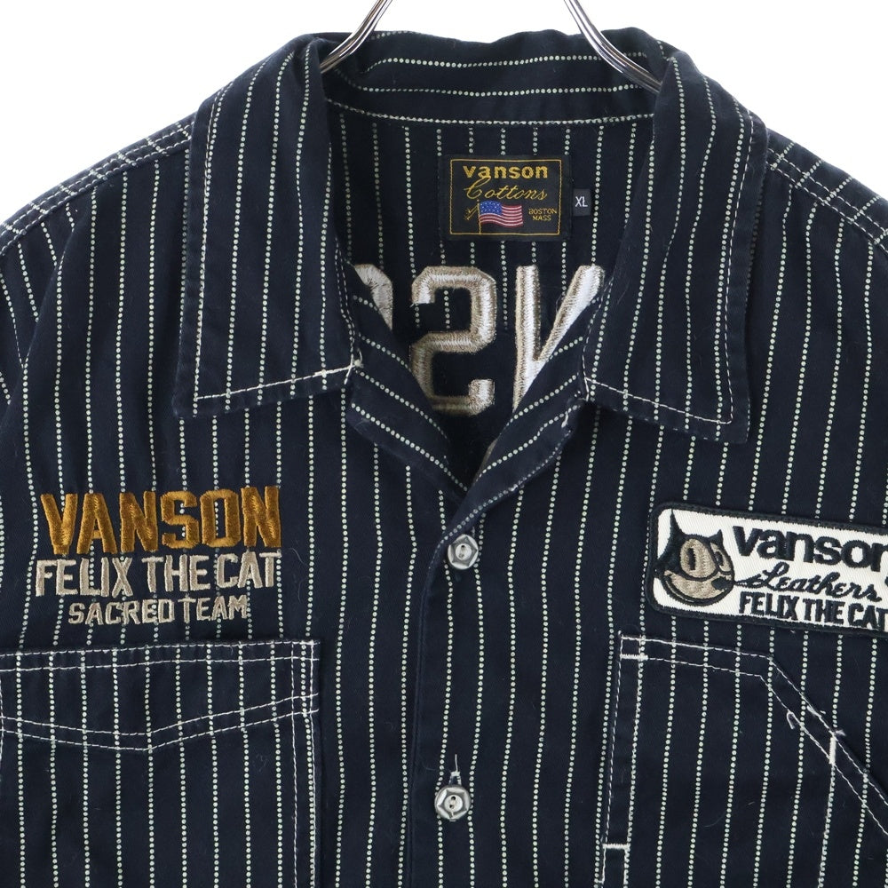 VANSON(バンソン) ×Felix the Cat フィリックス・ザ・キャット ワッペン付き ドットストライプ 半袖シャツ ブラック