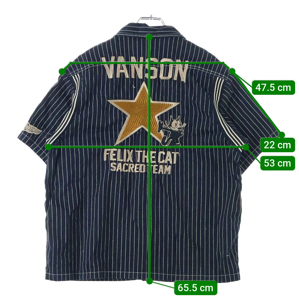 VANSON(バンソン) ×Felix the Cat フィリックス・ザ・キャット ワッペン付き ドットストライプ 半袖シャツ ブラック