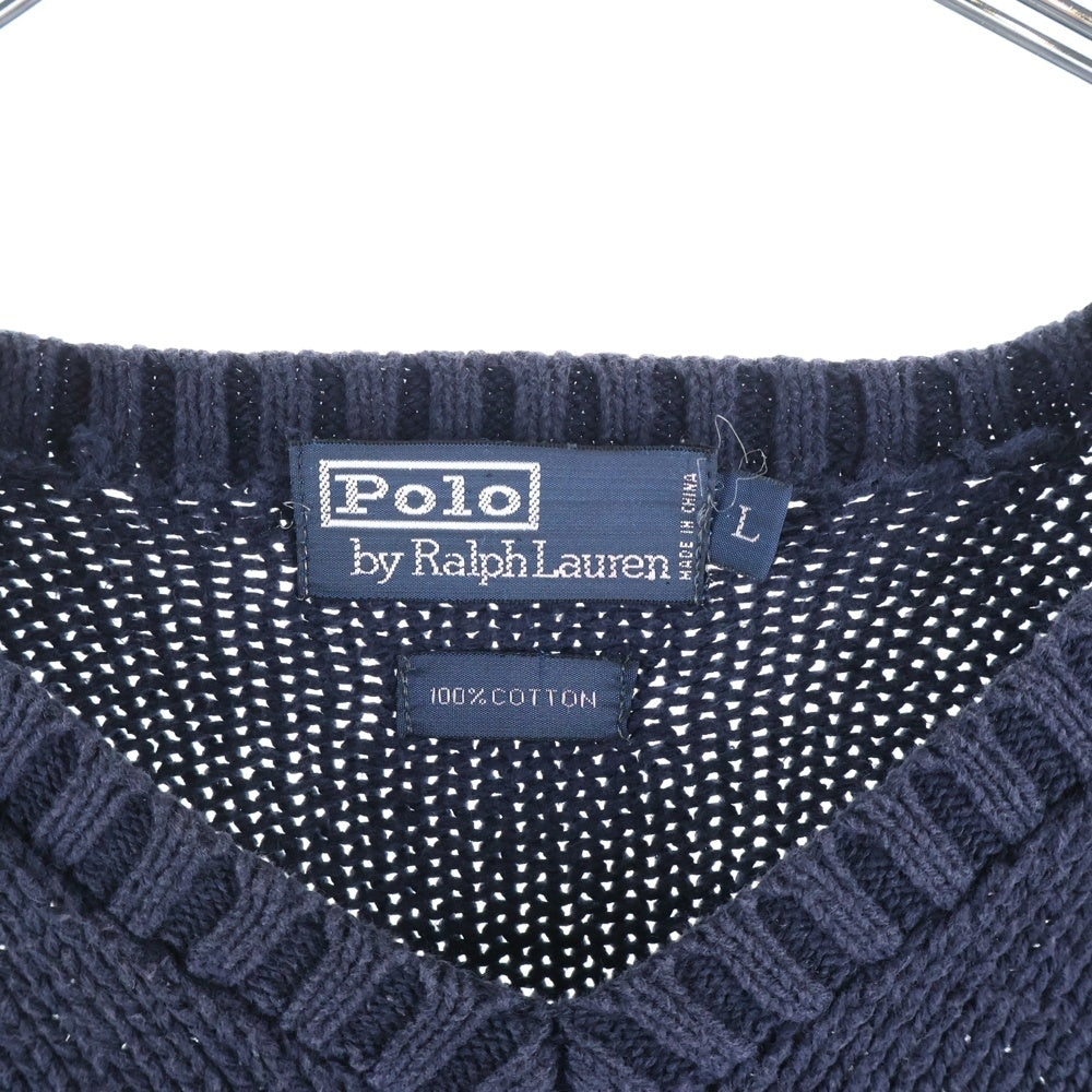 POLO RALPH LAUREN(ポロラルフローレン) スモールポニー刺繍 クルーネック コットン ケーブルニット セーター ネイビー
