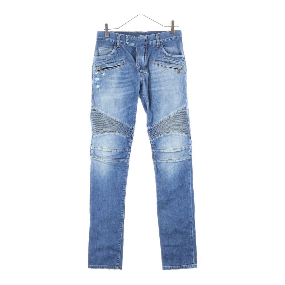 BALMAIN(バルマン) 17SS ダメージ加工 蛇腹バイカー デニムパンツ ジーンズ インディゴ S7H9551TO14E