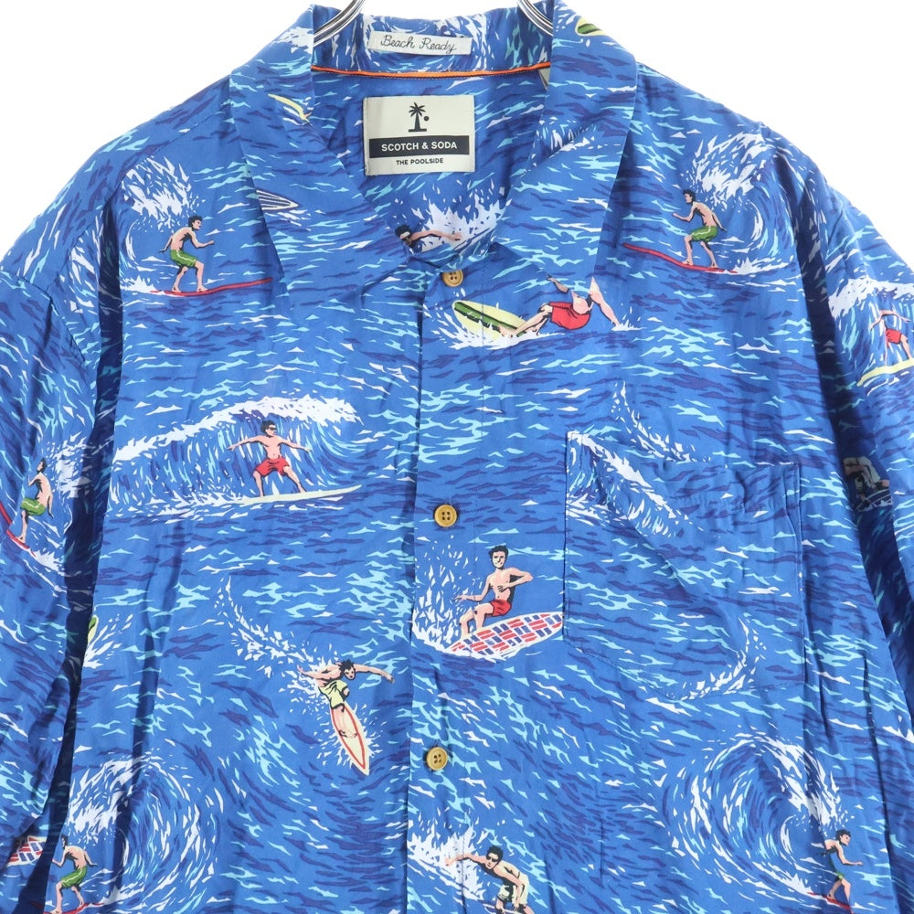 SCOTCH&SODA(スコッチ アンド ソーダ) サーフィン総柄 レーヨン 右ポケット 半袖開襟シャツ ブルー