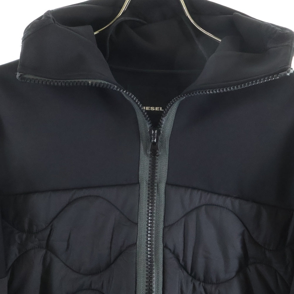 DIESEL(ディーゼル) ナイロン切替 キルティング ストレッチ ジップアップパーカー フーディー ブラック