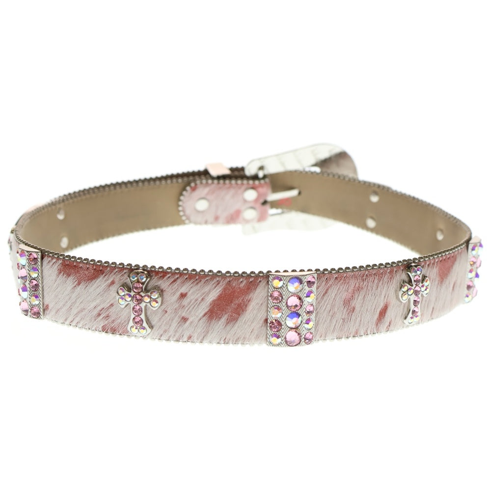 NO BRAND(ノーブランド) b.b.simon(ビービーサイモン)PINK PONY HAIR LEATHER BELT WITH SWAROVSKI CRYSTAL ピンクポニーヘアー スワロフスキークリスタル レザーベルト ピンク レディース