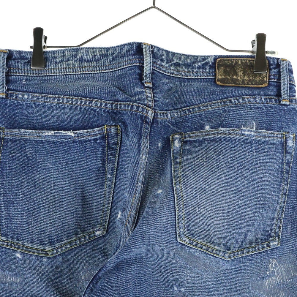 NO BRAND(ノーブランド) 【barber & the shirts バーバーアンドザシャツ】リペア ダメージ クラッシュ加工 ストレートデニムパンツ ジーンズ インディゴ