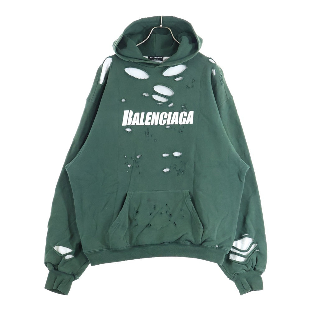 BALENCIAGA(バレンシアガ) 21SS Caps Destroyed Hoodie キャップス デストロイド フーディ フロントロゴプリント ダメージ加工 プルオーバースウェットパーカー グリーン 659403 TKVB6