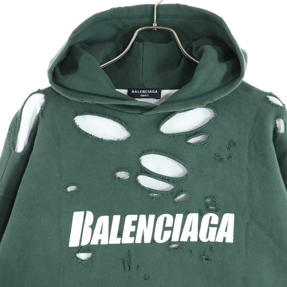 BALENCIAGA(バレンシアガ) 21SS Caps Destroyed Hoodie キャップス デストロイド フーディ フロントロゴプリント ダメージ加工 プルオーバースウェットパーカー グリーン 659403 TKVB6