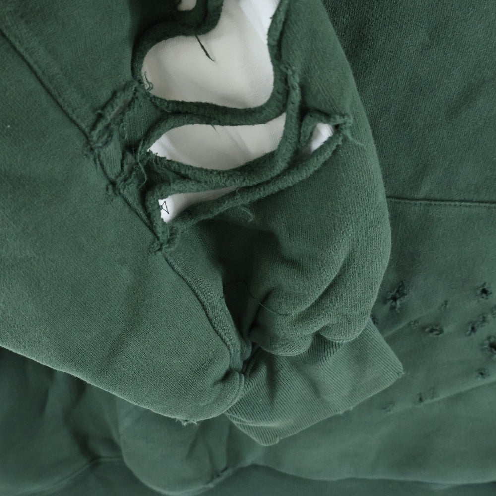 BALENCIAGA(バレンシアガ) 21SS Caps Destroyed Hoodie キャップス デストロイド フーディ フロントロゴプリント ダメージ加工 プルオーバースウェットパーカー グリーン 659403 TKVB6