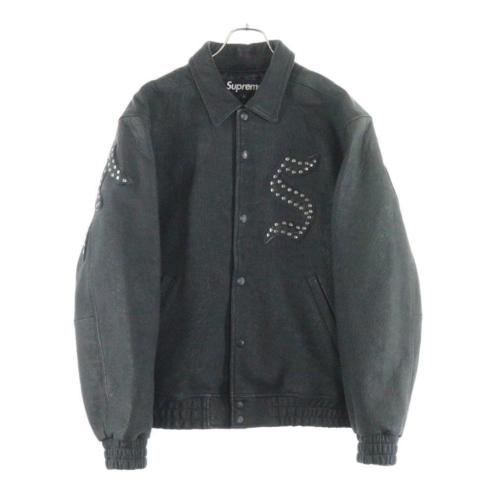 SUPREME(シュプリーム) 21AW Pebbled Leather Varsity Jacket ロゴパッチ レザージャケット ブラック