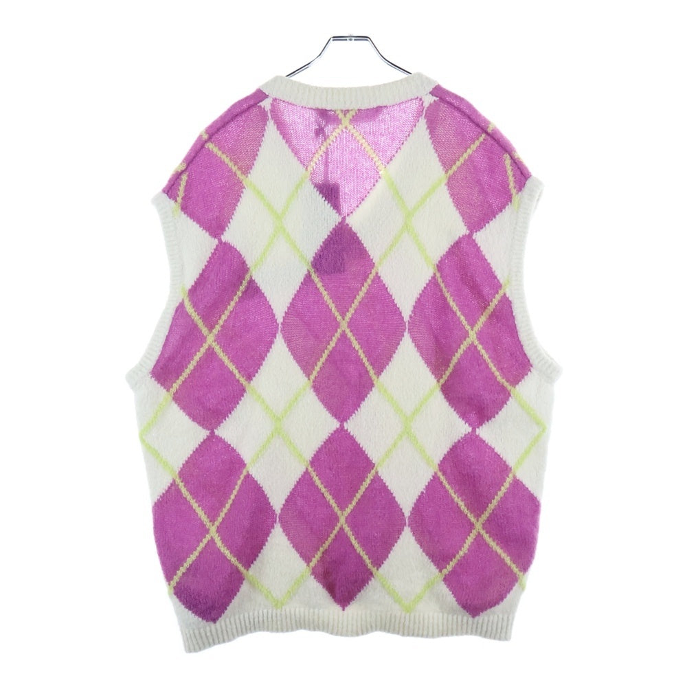 Palm Angels(パームエンジェルス) 23SS Logo Brushed Argyle Knit Vest ロゴパッチ アーガイル柄 ニットベスト ホワイト/パープル PMHZ002S23KNI001