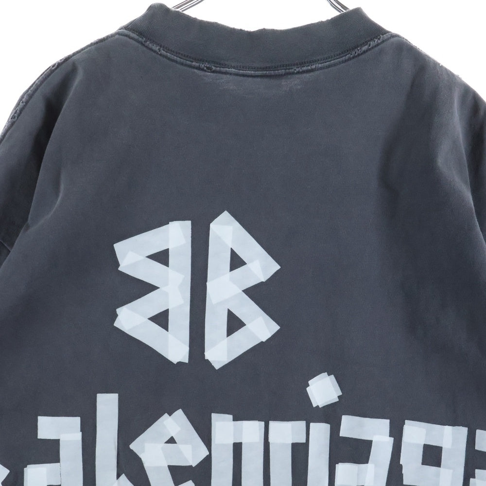 BALENCIAGA(バレンシアガ) 23SS Tape Type Medium Fit Tee テープタイプロゴプリントミディアムフィット ダメージ加工半袖Tシャツ ブラック 764235 TRVK1