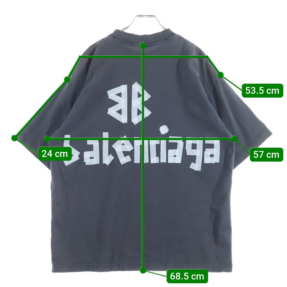 BALENCIAGA(バレンシアガ) 23SS Tape Type Medium Fit Tee テープタイプロゴプリントミディアムフィット ダメージ加工半袖Tシャツ ブラック 764235 TRVK1