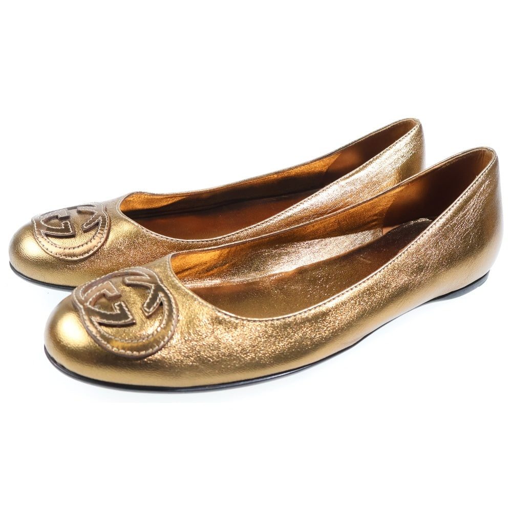 GUCCI(グッチ) GGロゴ レザー フラットパンプス ゴールド レディース