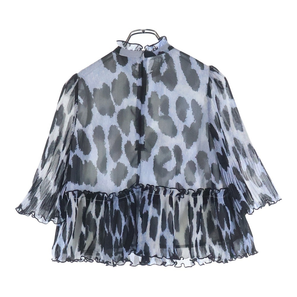 GANNI(ガニー) アニマル柄 コットンフリル チュニック ブラウス ピンタックトップス 長袖シャツ カットソー ブルー/ブラック レディース