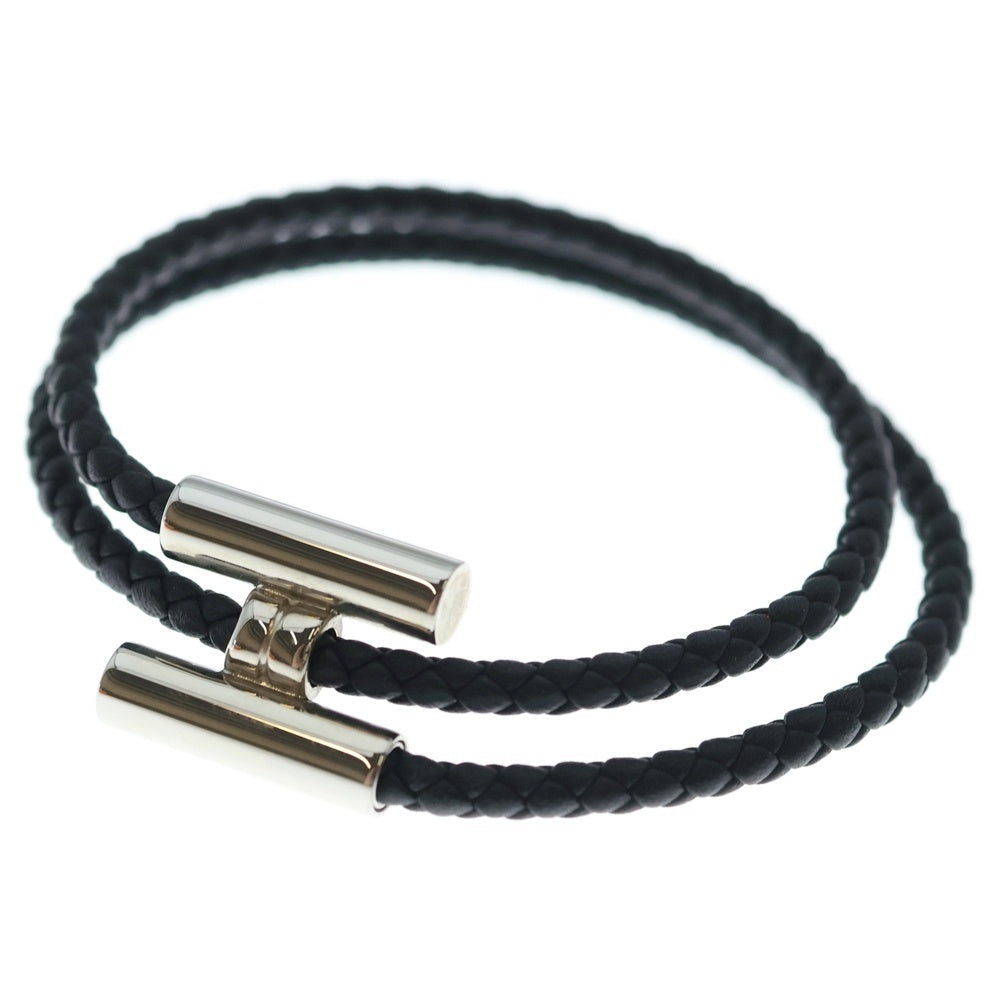 HERMES(エルメス) トゥルニス トレッセ Hロゴ ノワール レザー ブレスレット ブラック/シルバー