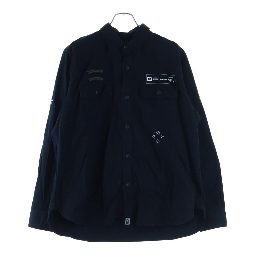 A BATHING APE(アベイシングエイプ) Relaxed Security Shirt セキュリティシステム ロゴワッペン ワーク長袖シャツ ブラック 001SHH301004X