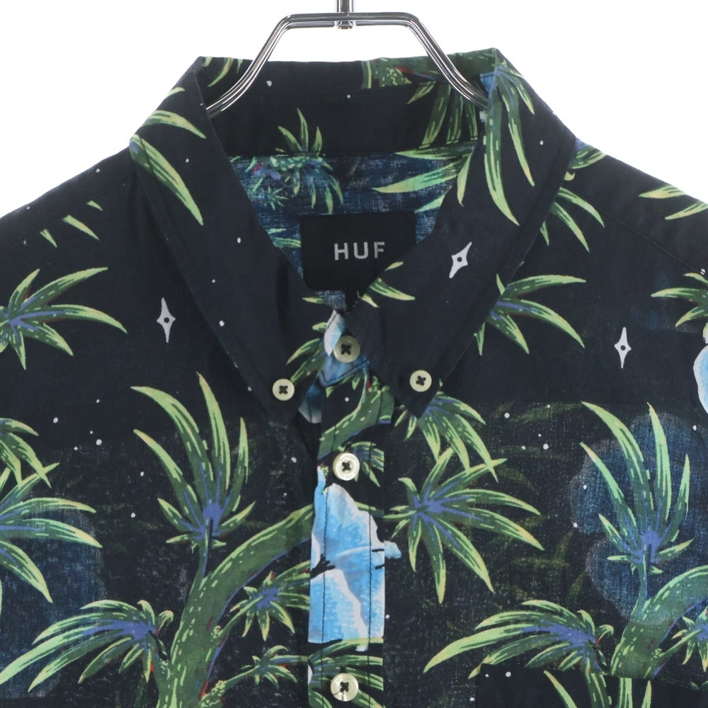 HUF(ハフ) ハイビスカス総柄 半袖 コットン アロハシャツ ブラック