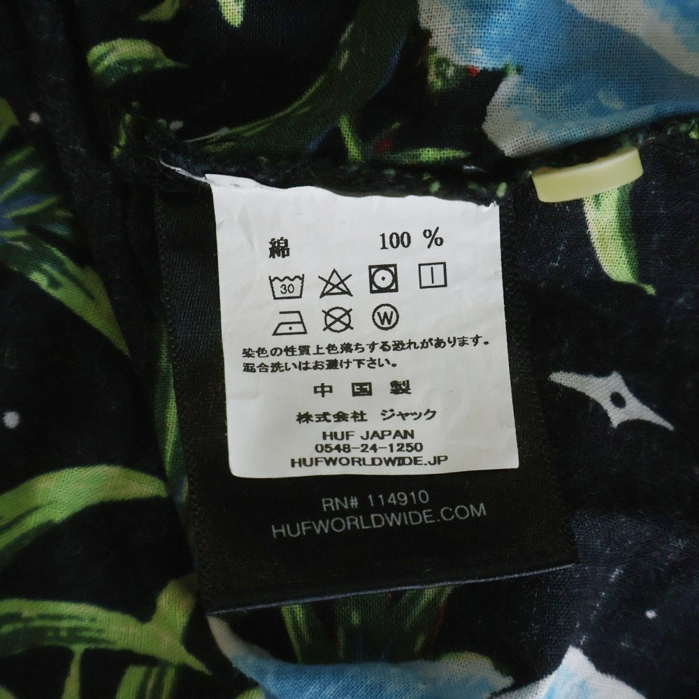 HUF(ハフ) ハイビスカス総柄 半袖 コットン アロハシャツ ブラック