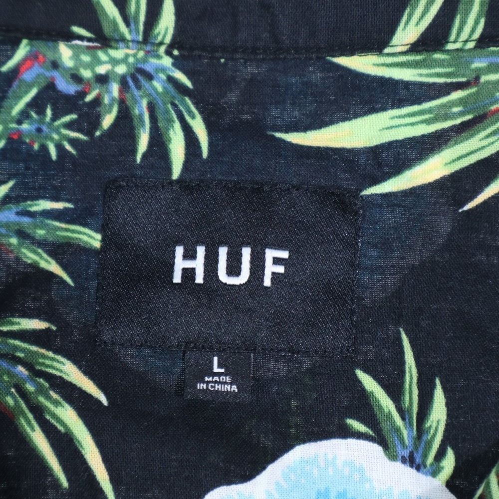 HUF(ハフ) ハイビスカス総柄 半袖 コットン アロハシャツ ブラック