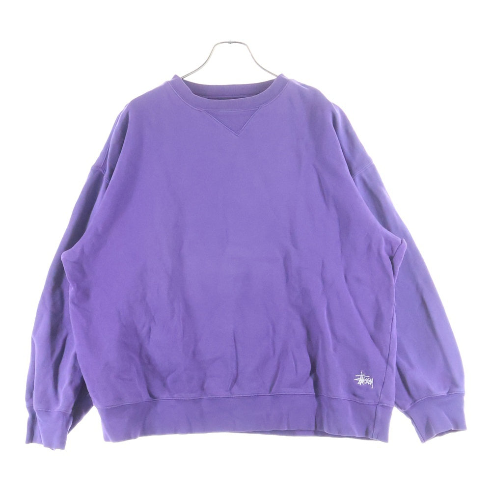 STUSSY(ステューシー) 無地 袖ロゴ刺繍 Vガゼット クルーネック スウェットトレーナー パープル