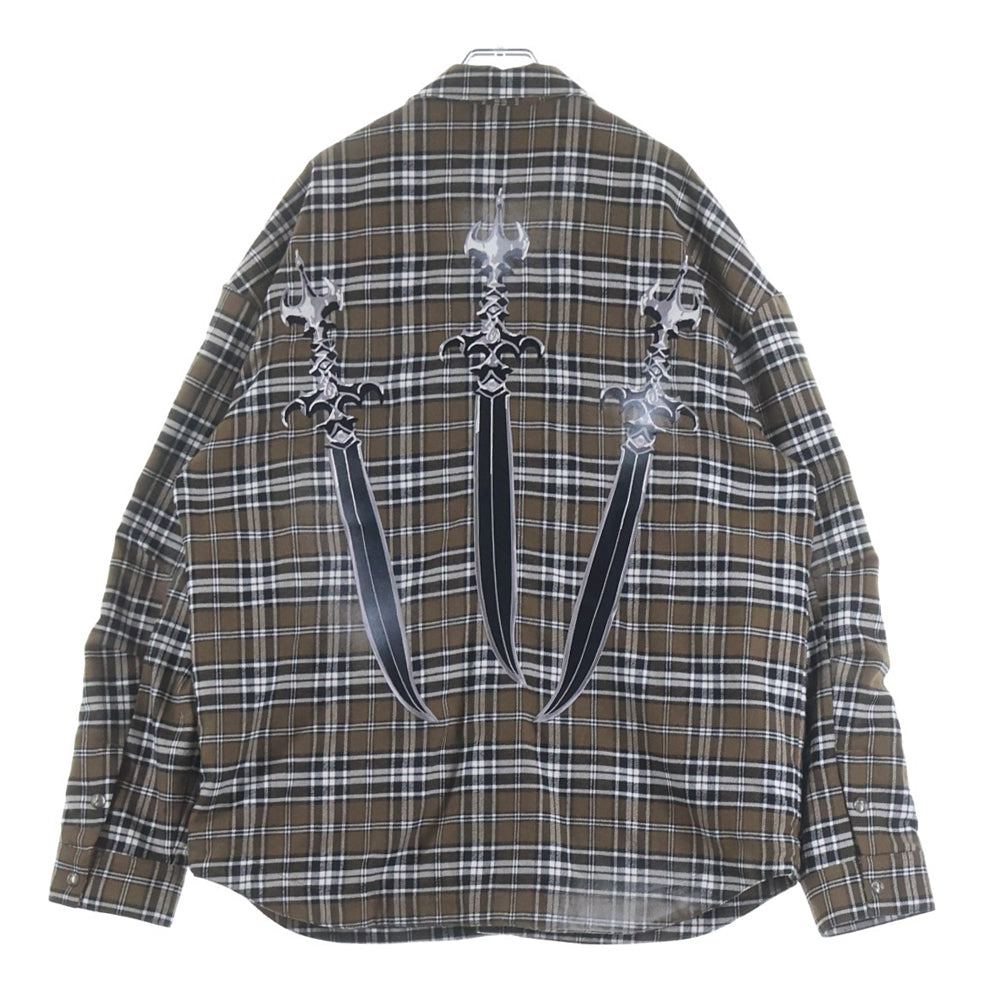 THUG CLUB(サグクラブ) 24AW ARAB SWORD FLANNEL CHECK SHIRT アラブ ソード刺繍 フランネル チェック 長袖シャツ ブラウン TC24SH2002