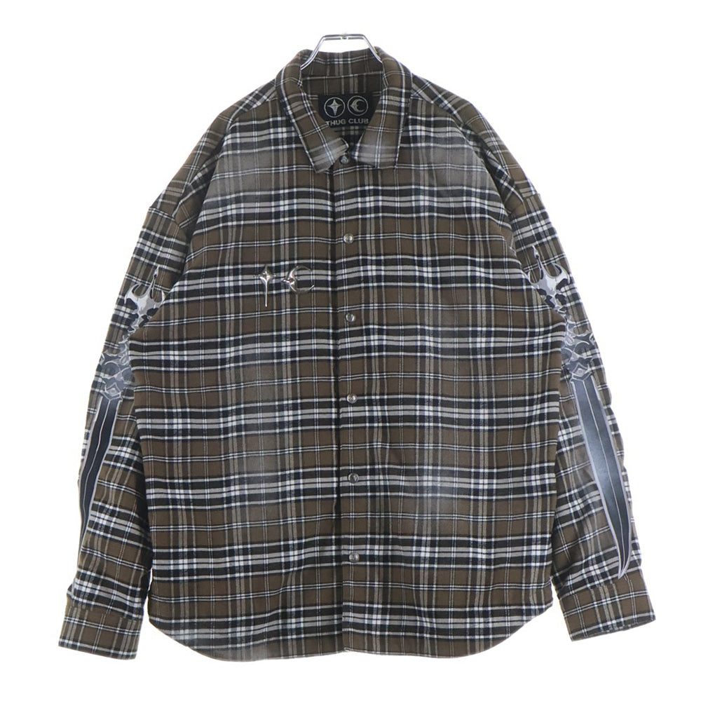 THUG CLUB(サグクラブ) 24AW ARAB SWORD FLANNEL CHECK SHIRT アラブ ソード刺繍 フランネル チェック 長袖シャツ ブラウン TC24SH2002