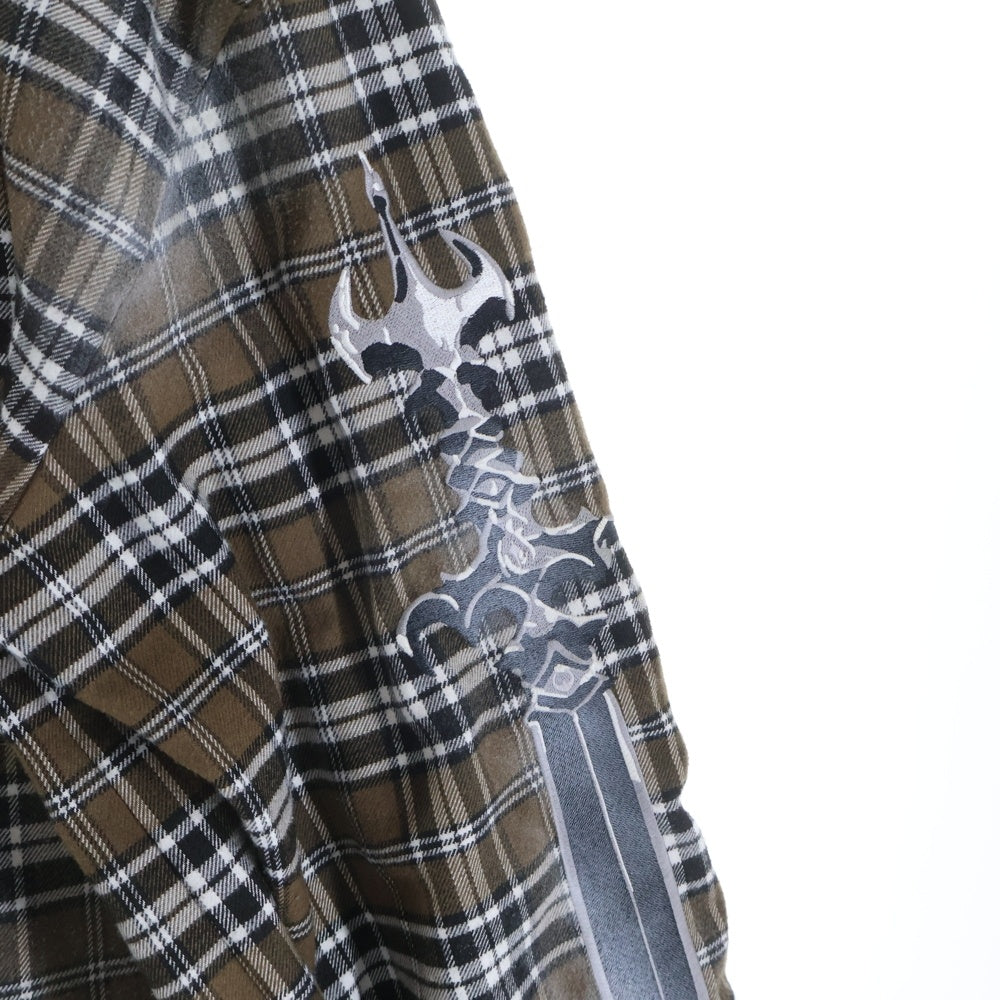 THUG CLUB(サグクラブ) 24AW ARAB SWORD FLANNEL CHECK SHIRT アラブ ソード刺繍 フランネル チェック 長袖シャツ ブラウン TC24SH2002