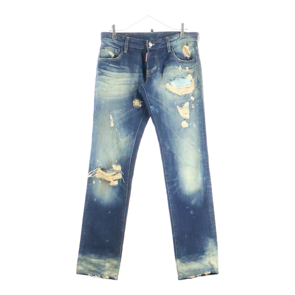 DSQUARED2(ディースクエアード) CLASSIC KENNY TWIST JEAN ボタンフライ クラッシュド ダメージ加工 スリムストレート デニムパンツ インディゴ