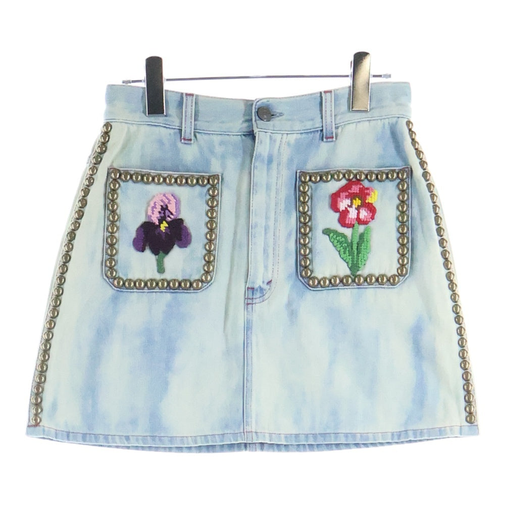 GUCCI(グッチ) Flower Embroidered Studded Denim Skirt フラワー刺繍 スタッズ デニムスカート インディゴ レディース