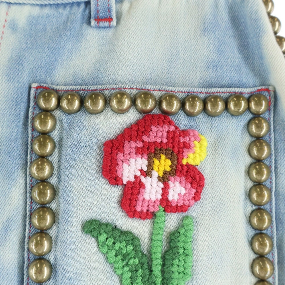 GUCCI(グッチ) Flower Embroidered Studded Denim Skirt フラワー刺繍 スタッズ デニムスカート インディゴ レディース