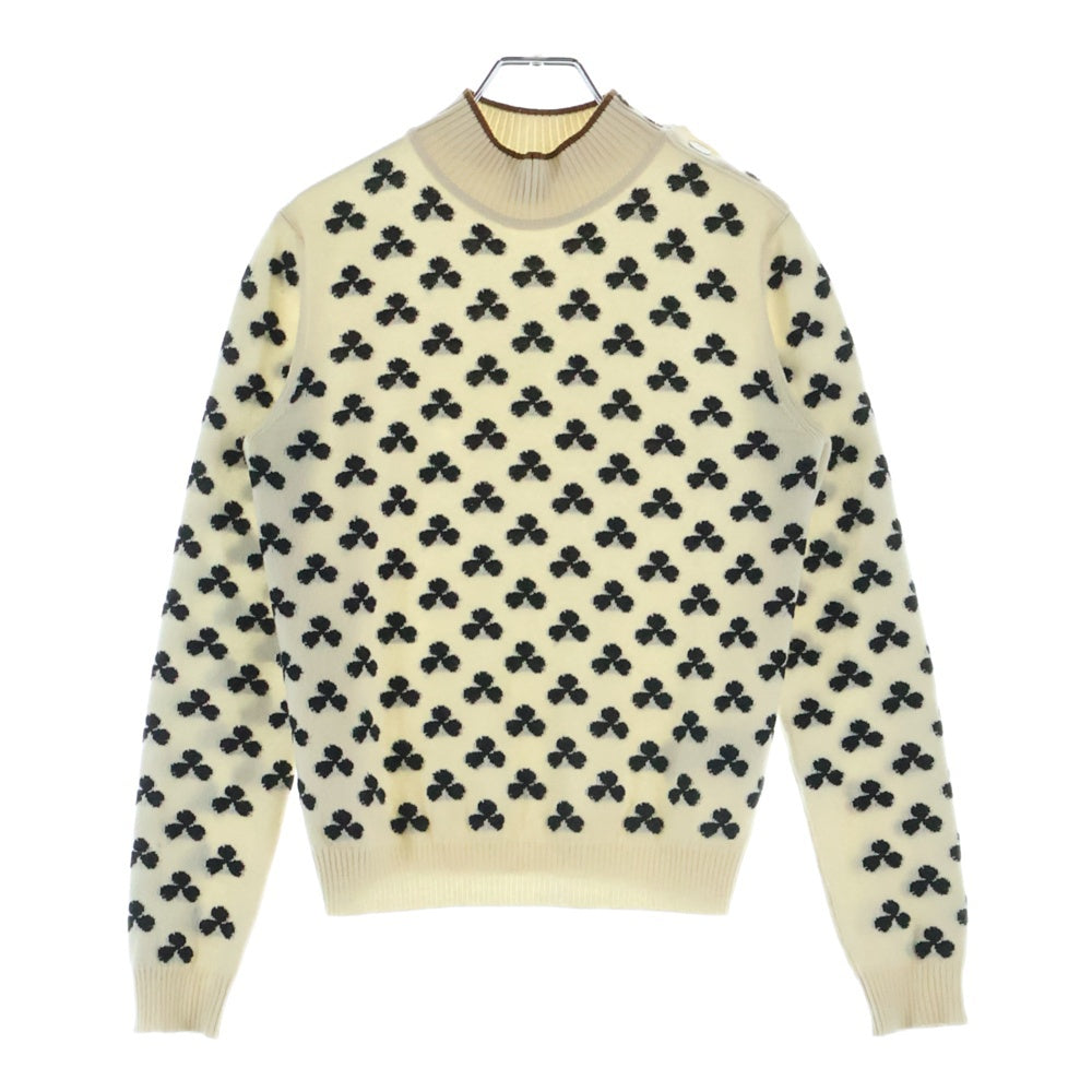 HERMES(エルメス) セリエボタン クローバー柄 ハイネック カシミヤ ニットセーター ホワイト レディース