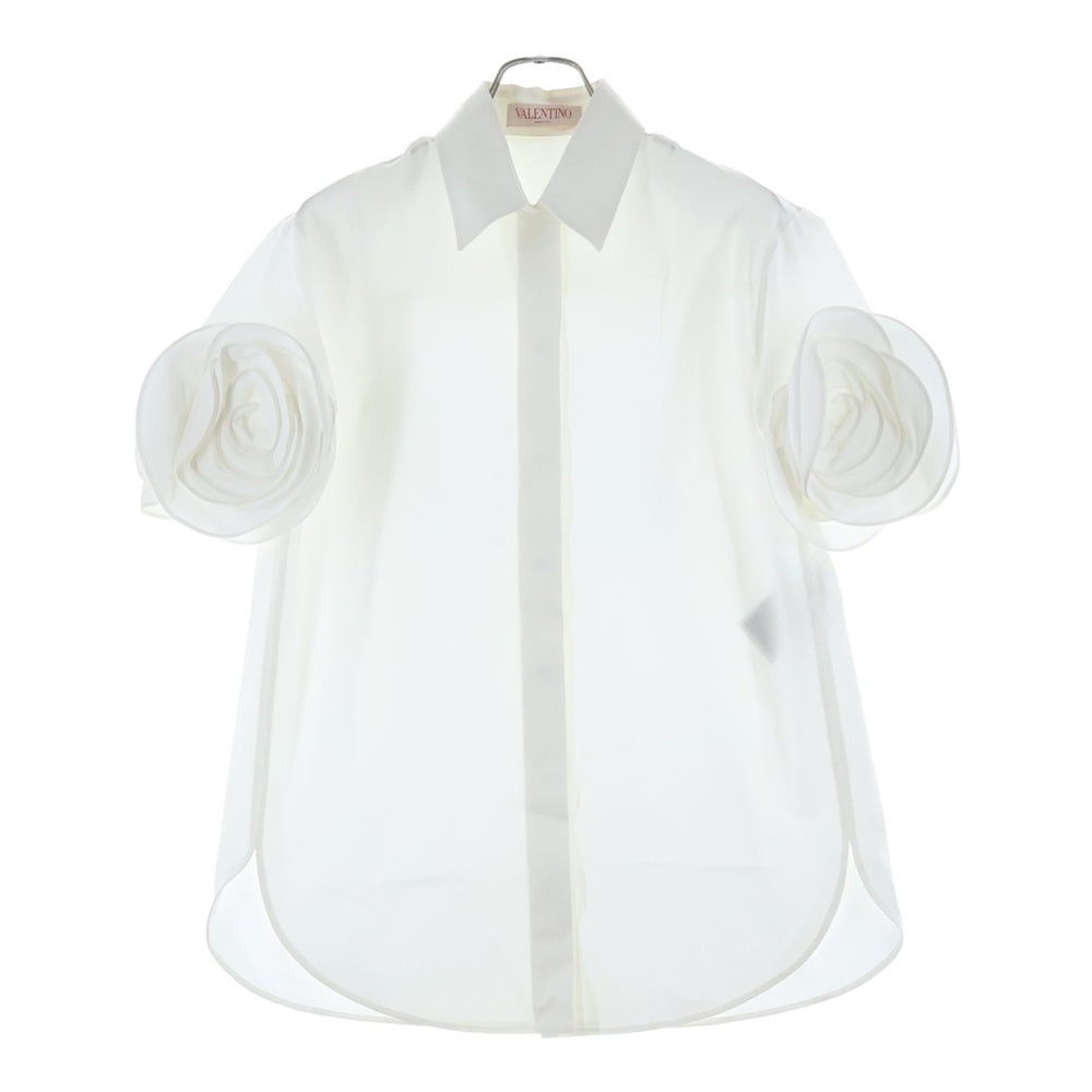 VALENTINO(ヴァレンティノ) 24SS フラワーアップリケ シルク ポプリン ブロード半袖シャツ ホワイト レディース 4B3AA0805DN