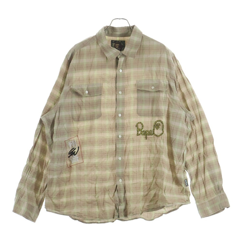 A BATHING APE(アベイシングエイプ) ×SEAN WOTHERSPOON EMBROIDERY CHECK SHIRT ショーンウェザースプーン エンブロイダリー チェック長袖シャツ ベージュ