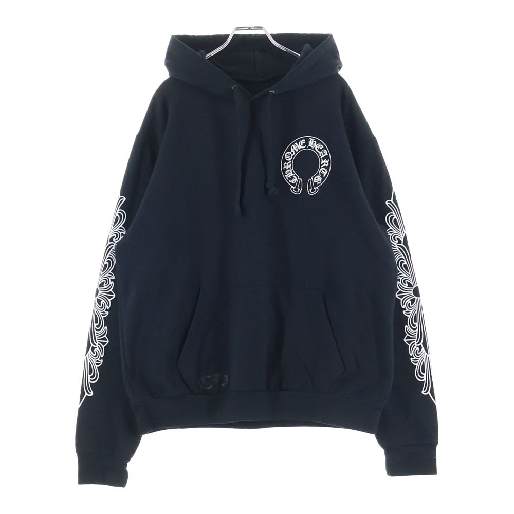 CHROME HEARTS(クロムハーツ) SWTSHRT PLVR 袖フローラルバックホースシュープリントプルオーバーパーカー フーディー ブラック