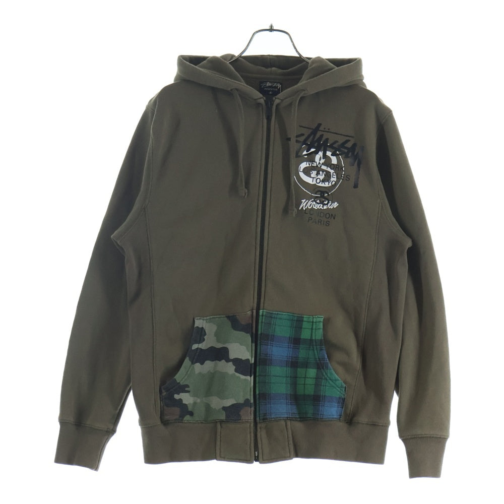 STUSSY(ステューシー) World Tour ストックロゴ 両面プリント 切替 ジップアップパーカー フーディー カーキ